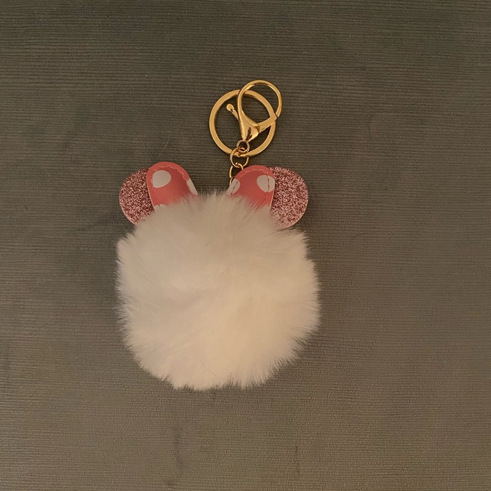 Faux rabbit fur bag, charm keychains w: Minnie Mouse type ears. Color choice